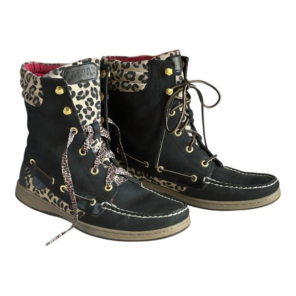Sperry Top-Sider Leopard Print Leather Boat Boots Women’s 10M Animal Print Laces - Picture 1 of 11